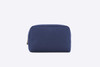 A navy blue zipper bag with a simple design and a gold-tone zipper, featuring a branding logo.