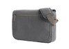 A grey shoulder bag with a zippered front pocket and a sturdy strap. It has a simple design and a logo.