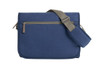 A navy blue satchel bag with a front zipper pocket and an adjustable shoulder strap. It has a branding logo.