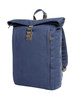 A navy blue backpack with a roll-top closure and a front buckle, featuring shoulder straps and a side zipper.