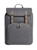 A grey backpack with a flap closure, featuring two buckles and a front zip pocket. It includes a logo on the front.