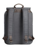 A grey backpack with brown straps and a top handle, featuring a simple and sleek design.