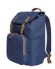 A navy blue backpack with two straps, a zipped front pocket, and a flap closure. It features a logo on the front.