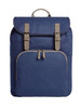 A navy blue backpack with a flap closure, featuring buckles and a front zippered pocket. It has a branding logo.