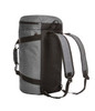 A multi-functional bag featuring a grey exterior with black accents and adjustable straps for carrying.