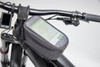A grey bicycle frame bag mounted on the handlebars, featuring a transparent touchscreen compartment for a smartphone.