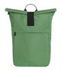A green backpack featuring a roll-top design, with a front zip pocket and a carrying handle. It has a logo on it.