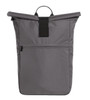 A grey laptop backpack with a roll-top design, featuring a front zip pocket and a handle on top.