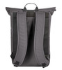 A grey laptop backpack with padded shoulder straps and a top handle, featuring a sleek, minimalist design.