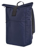 A navy blue laptop backpack featuring a roll-top design and a front zip pocket. It includes a logo on the front.