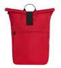 A red laptop backpack with a roll-top design, featuring a front zip pocket and a carry handle.