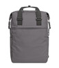 A grey backpack with adjustable straps and a front zip pocket, featuring a side pocket and a logo.
