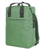 A green daily notebook backpack with adjustable straps, featuring a front pocket and side compartments.