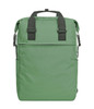 A green laptop backpack featuring adjustable straps, a front zip pocket, and side pockets. Includes a logo.