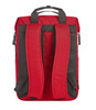 A red backpack with padded straps and a structured design, featuring mesh backing for comfort. It includes side pockets and branding.