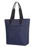 A navy blue tote bag with black straps and a front zip pocket, featuring a logo.