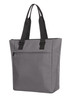A grey cooler bag with black straps and a front zip pocket, featuring a logo.