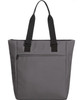 A grey tote cooler bag with black straps, featuring a zippered front pocket and a logo.