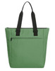 A green cooler bag with black straps and a front zipper pocket, featuring a logo.