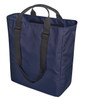 A navy blue tote bag with grey handles, featuring a spacious interior and a zipper pocket.