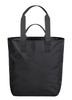 A black tote bag with two sturdy handles and a spacious interior, featuring a logo on the front.