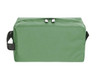 A green toiletry bag with a rectangular shape and a double zip closure, featuring a side handle.