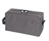 A grey toiletry bag with a zip closure, featuring a handle and two zip pullers. It has a simple design and a branding logo.