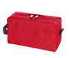 A red toiletry bag with a grey handle and double zipper closure. It features a plain design and a small logo.