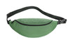 A green bum bag with a black adjustable strap and a zippered pocket. It features a logo on the front.