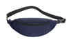 A navy waist bag with a black adjustable strap and a zippered compartment, featuring branding.