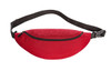 A red bum bag with a black adjustable strap and a zippered compartment. It features a logo.