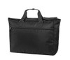 A black duffle bag with dual handles, featuring a front zip pocket and adjustable shoulder strap.