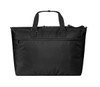 A black duffle bag with two handles, featuring a zip closure and an external pocket. It has a simple logo on the surface.