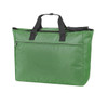 A green duffle bag with dual handles and a front zip pocket, featuring a logo on one side.