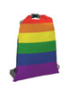 A backpack featuring horizontal rainbow stripes in vibrant colours, with adjustable straps and a zippered pocket.