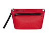 A red dry bag with a zippered compartment and a black strap, featuring a logo on the front.