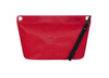 A red dry bag with a strap and a logo, featuring circular eyelets for attachment.