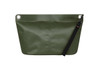 A green dry bag with a textured surface, featuring grommets and a strap. It includes a branding logo.