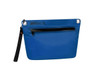 A blue dry bag with a black zipper pocket and an attached strap. It features a logo on the front.