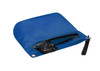 A blue zipper dry bag contains car keys and features an integrated strap. The bag has a logo on it.