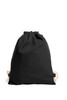 A black drawstring bag with natural rope ties and a branded label on one side.