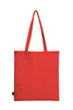 A red tote bag with long handles and a small brand logo on the side.