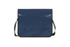 A navy blue messenger bag with a black strap and a glossy finish. It features a branding logo.