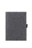 A grey felt cover with a simple design, featuring a clasp and incorporating a logo.