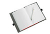 A grey felt cover opens to reveal blank white pages and a silver pen placed inside.