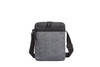 A grey crossbody bag with a structured design, featuring a zippered compartment and an adjustable strap.