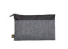 A grey zipper bag featuring a textured design, with a black top section and a logo on the side.
