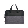 A laptop bag in black and grey fabric, featuring dual handles and a zippered closure. Includes a logo on the front.