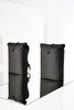 Two grey roller backpacks with a sleek design, featuring a logo, placed on a reflective surface.