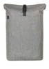 A grey laptop backpack with a roll-top closure and a front pocket, featuring a logo on the side.